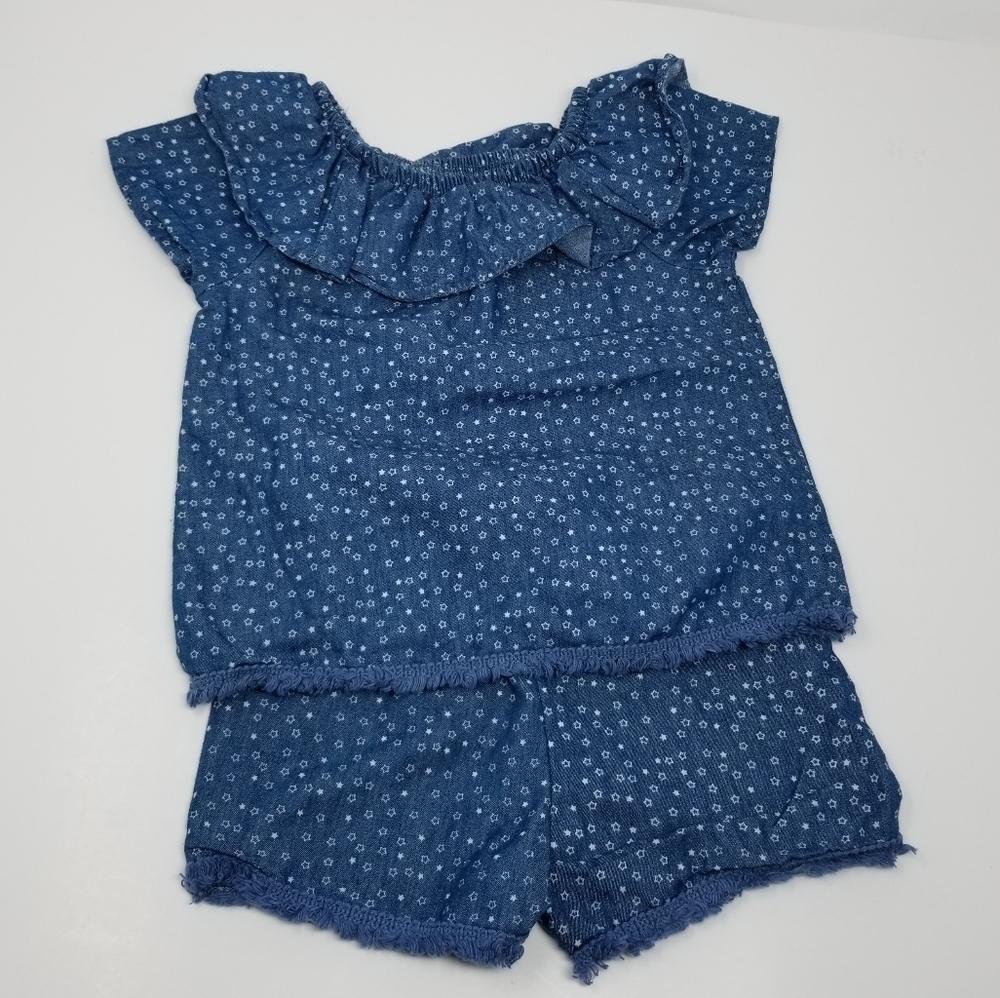 7 For All Mankind Short Sleeve Top 3T & Short 3T Denim Ruffle Fringe Hem Print - Picture 2 of 8